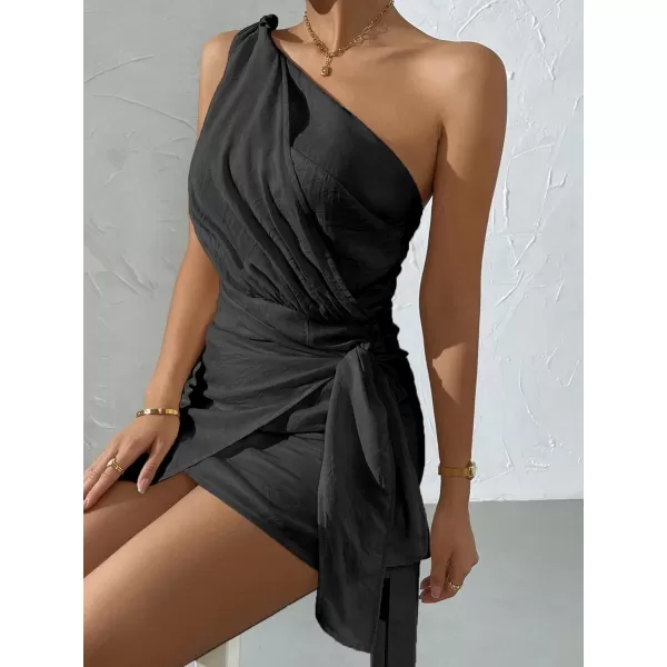 SweatyRocks Women's Elegant Sleeveless One Shoulder Wrap Tie Side Fitted Mini Dress
