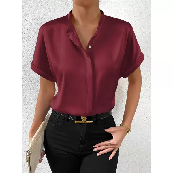 SweatyRocks Women's Elegant Stand Collar Button Dowm Shirt Short Sleeve Satin Blouse Top