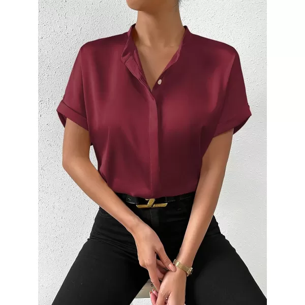SweatyRocks Women's Elegant Stand Collar Button Dowm Shirt Short Sleeve Satin Blouse Top