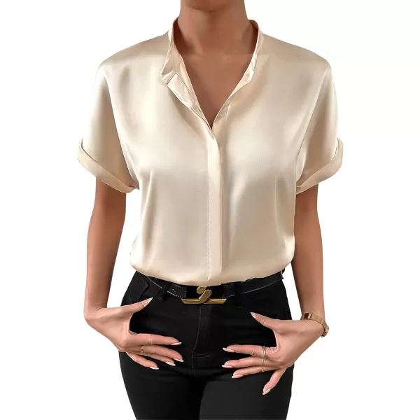 SweatyRocks Women's Elegant Stand Collar Button Dowm Shirt Short Sleeve Satin Blouse Top