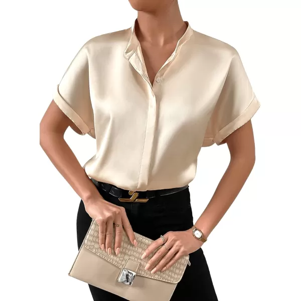 SweatyRocks Women's Elegant Stand Collar Button Dowm Shirt Short Sleeve Satin Blouse Top