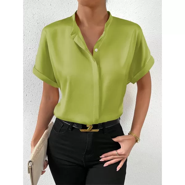 SweatyRocks Women's Elegant Stand Collar Button Dowm Shirt Short Sleeve Satin Blouse Top