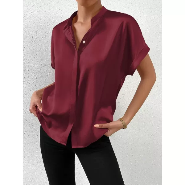 SweatyRocks Women's Elegant Stand Collar Button Dowm Shirt Short Sleeve Satin Blouse Top
