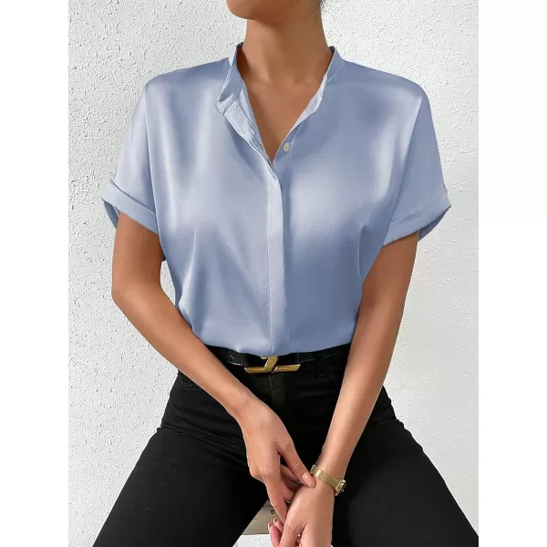 SweatyRocks Women's Elegant Stand Collar Button Dowm Shirt Short Sleeve Satin Blouse Top