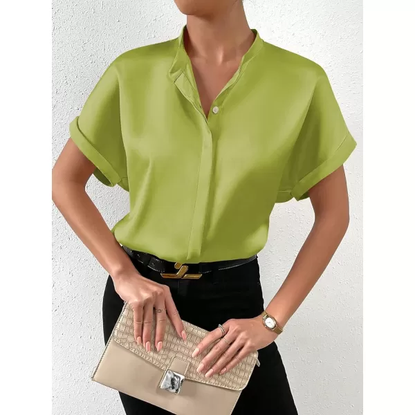 SweatyRocks Women's Elegant Stand Collar Button Dowm Shirt Short Sleeve Satin Blouse Top