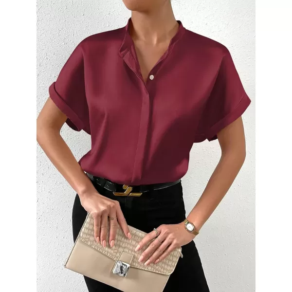 SweatyRocks Women's Elegant Stand Collar Button Dowm Shirt Short Sleeve Satin Blouse Top