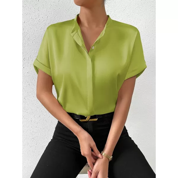 SweatyRocks Women's Elegant Stand Collar Button Dowm Shirt Short Sleeve Satin Blouse Top