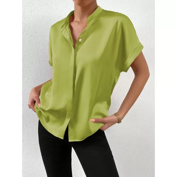 SweatyRocks Women's Elegant Stand Collar Button Dowm Shirt Short Sleeve Satin Blouse Top