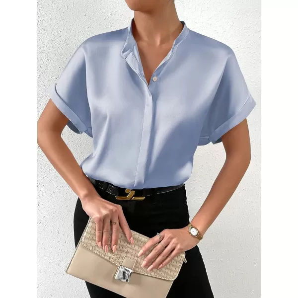 SweatyRocks Women's Elegant Stand Collar Button Dowm Shirt Short Sleeve Satin Blouse Top