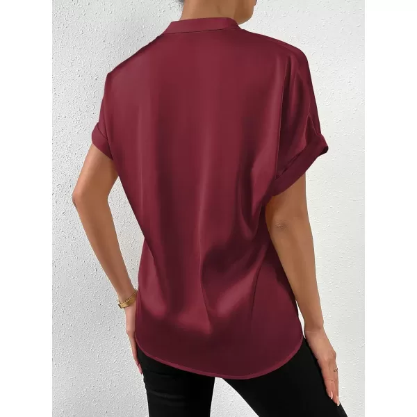 SweatyRocks Women's Elegant Stand Collar Button Dowm Shirt Short Sleeve Satin Blouse Top