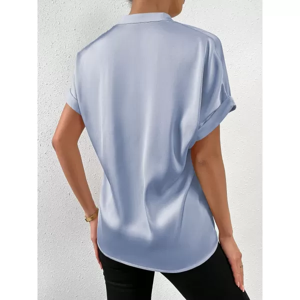 SweatyRocks Women's Elegant Stand Collar Button Dowm Shirt Short Sleeve Satin Blouse Top