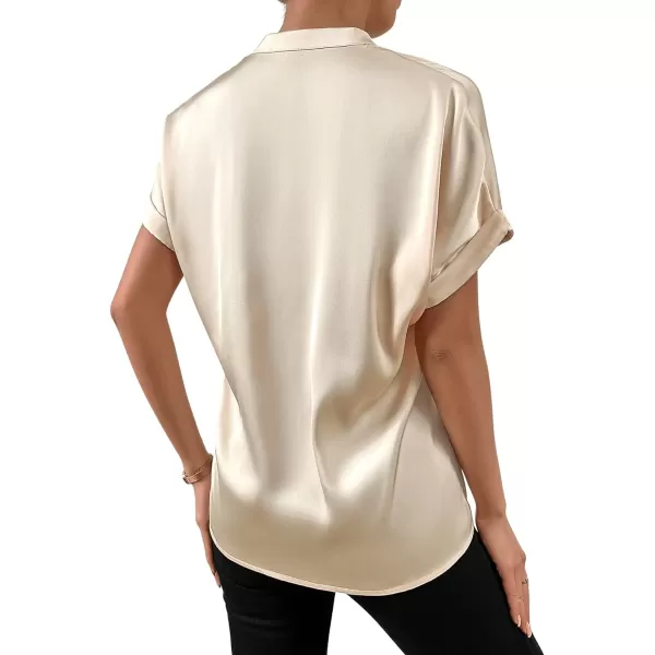SweatyRocks Women's Elegant Stand Collar Button Dowm Shirt Short Sleeve Satin Blouse Top