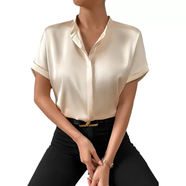 SweatyRocks Women's Elegant Stand Collar Button Dowm Shirt Short Sleeve Satin Blouse Top
