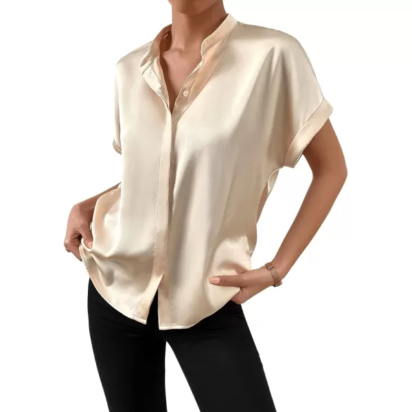 SweatyRocks Women's Elegant Stand Collar Button Dowm Shirt Short Sleeve Satin Blouse Top
