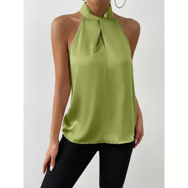 SweatyRocks Womens Elegant Twist Front Halter Sleeveless Satin Blouse Keyhole Back Tank Top