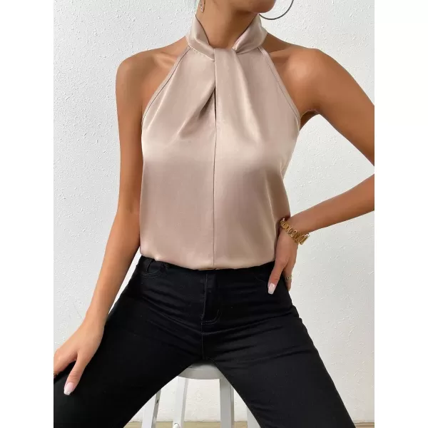 SweatyRocks Womens Elegant Twist Front Halter Sleeveless Satin Blouse Keyhole Back Tank Top