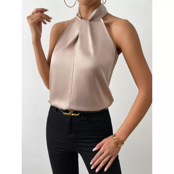 SweatyRocks Womens Elegant Twist Front Halter Sleeveless Satin Blouse Keyhole Back Tank Top