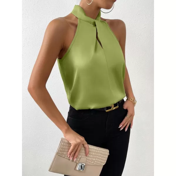 SweatyRocks Womens Elegant Twist Front Halter Sleeveless Satin Blouse Keyhole Back Tank Top