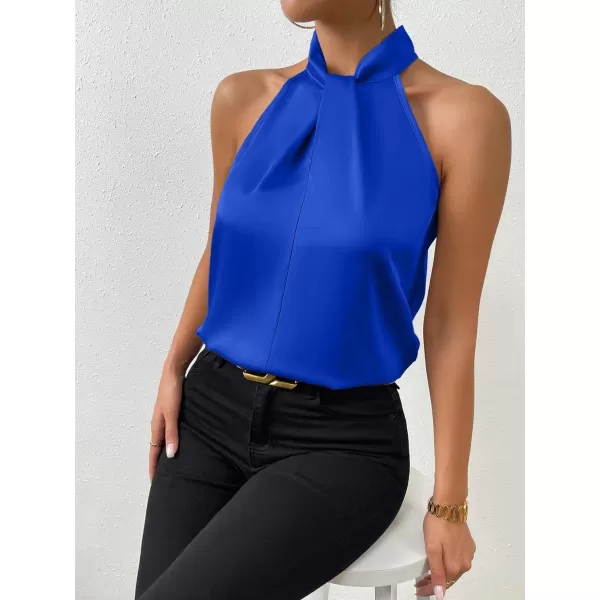 SweatyRocks Womens Elegant Twist Front Halter Sleeveless Satin Blouse Keyhole Back Tank Top