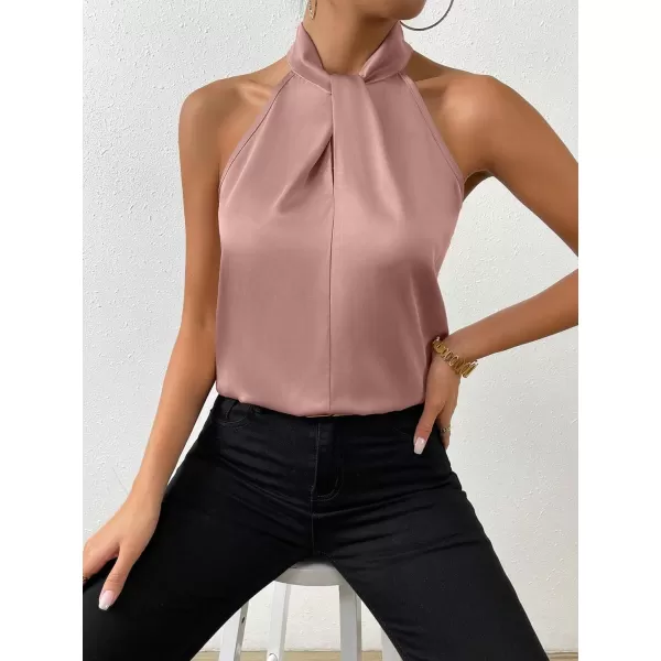 SweatyRocks Womens Elegant Twist Front Halter Sleeveless Satin Blouse Keyhole Back Tank Top