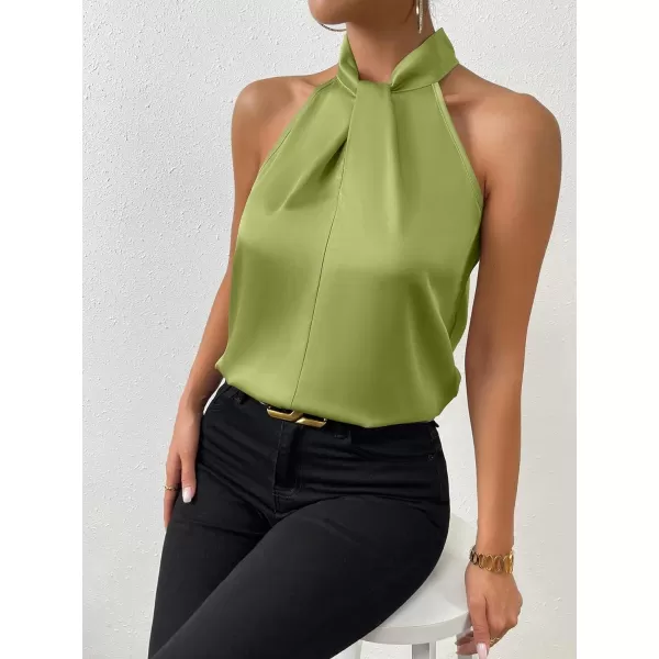 SweatyRocks Womens Elegant Twist Front Halter Sleeveless Satin Blouse Keyhole Back Tank Top