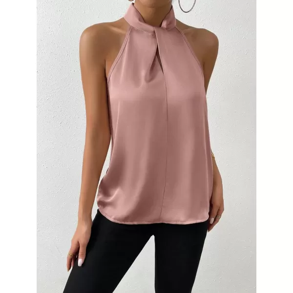 SweatyRocks Womens Elegant Twist Front Halter Sleeveless Satin Blouse Keyhole Back Tank Top