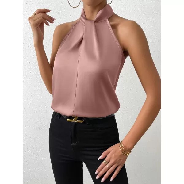 SweatyRocks Womens Elegant Twist Front Halter Sleeveless Satin Blouse Keyhole Back Tank Top
