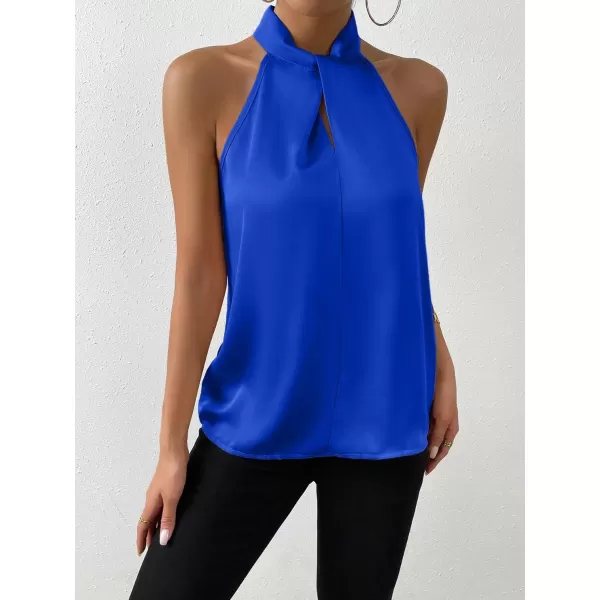 SweatyRocks Womens Elegant Twist Front Halter Sleeveless Satin Blouse Keyhole Back Tank Top
