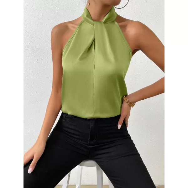 SweatyRocks Womens Elegant Twist Front Halter Sleeveless Satin Blouse Keyhole Back Tank Top