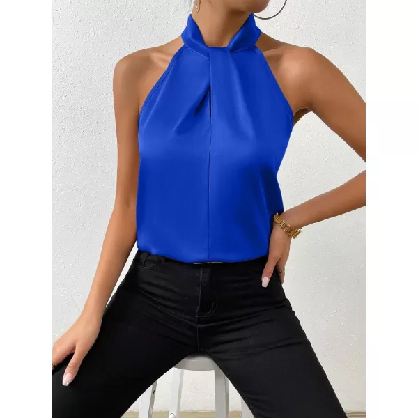 SweatyRocks Womens Elegant Twist Front Halter Sleeveless Satin Blouse Keyhole Back Tank Top