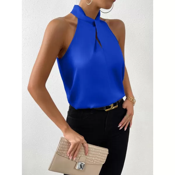 SweatyRocks Womens Elegant Twist Front Halter Sleeveless Satin Blouse Keyhole Back Tank Top