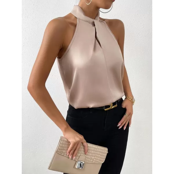SweatyRocks Womens Elegant Twist Front Halter Sleeveless Satin Blouse Keyhole Back Tank Top