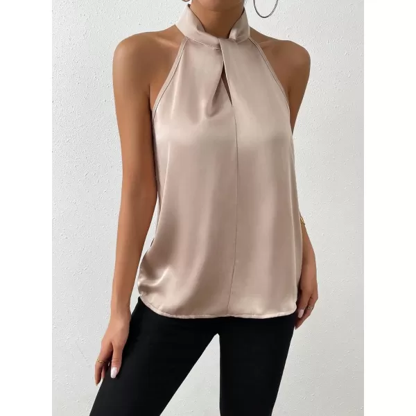 SweatyRocks Womens Elegant Twist Front Halter Sleeveless Satin Blouse Keyhole Back Tank Top