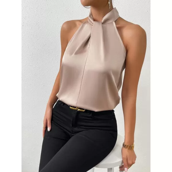 SweatyRocks Womens Elegant Twist Front Halter Sleeveless Satin Blouse Keyhole Back Tank Top