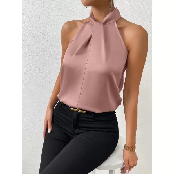 SweatyRocks Womens Elegant Twist Front Halter Sleeveless Satin Blouse Keyhole Back Tank Top