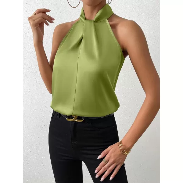 SweatyRocks Womens Elegant Twist Front Halter Sleeveless Satin Blouse Keyhole Back Tank Top