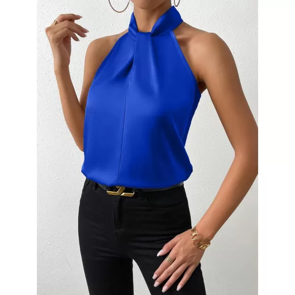 SweatyRocks Womens Elegant Twist Front Halter Sleeveless Satin Blouse Keyhole Back Tank Top