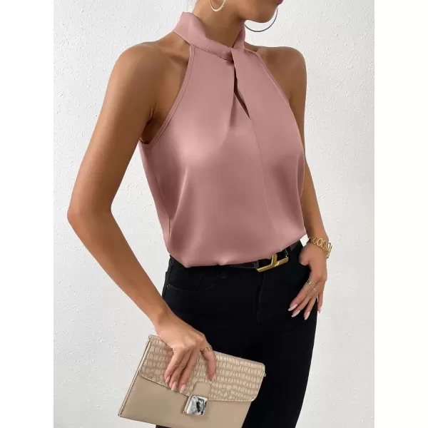 SweatyRocks Womens Elegant Twist Front Halter Sleeveless Satin Blouse Keyhole Back Tank Top