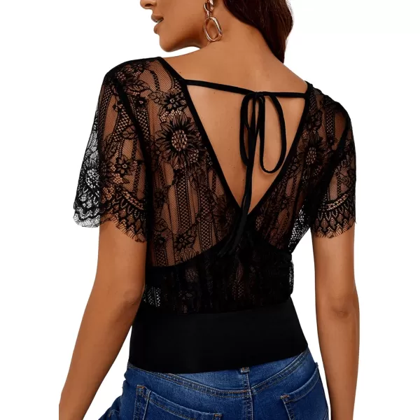 SweatyRocks Women's Elegant V Neck Tie Back Short Sleeve Tee Contrast Lace Blouse Top