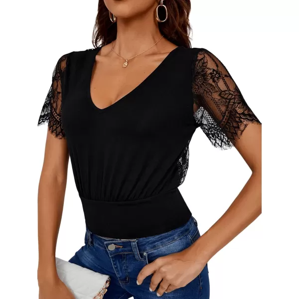 SweatyRocks Women's Elegant V Neck Tie Back Short Sleeve Tee Contrast Lace Blouse Top