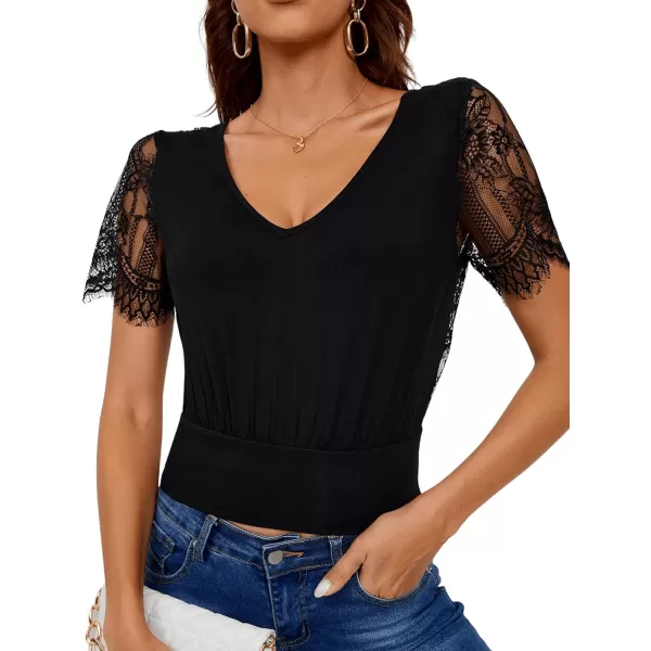 SweatyRocks Women's Elegant V Neck Tie Back Short Sleeve Tee Contrast Lace Blouse Top