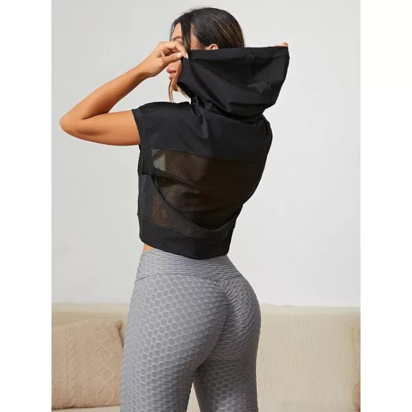 SweatyRocks Women's Fishnet Mesh Short Sleeve Hoodie Casual Solid Sports Workout Sweatshirts Pullover Tops