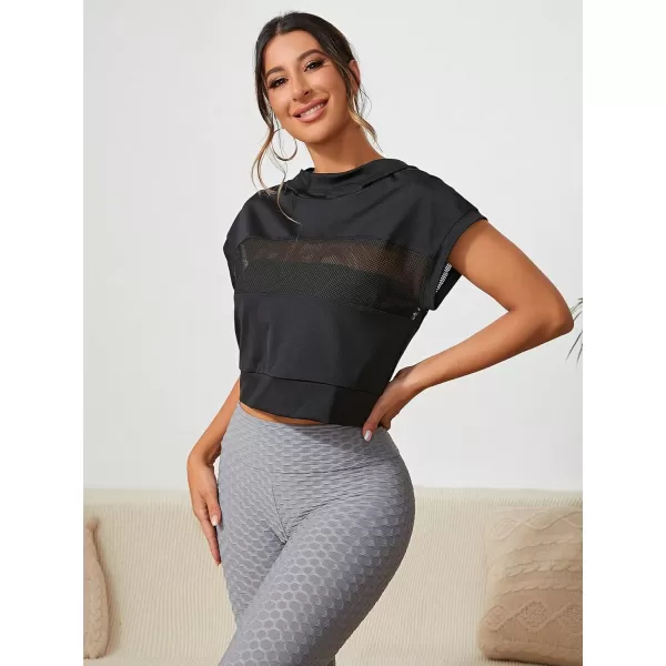 SweatyRocks Women's Fishnet Mesh Short Sleeve Hoodie Casual Solid Sports Workout Sweatshirts Pullover Tops