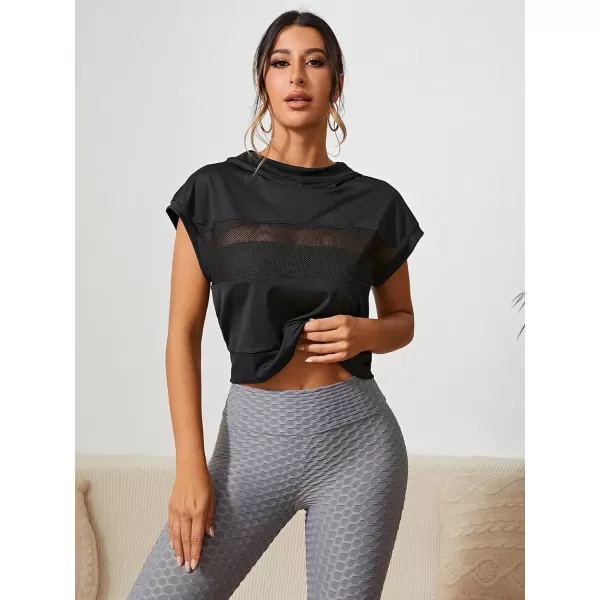SweatyRocks Women's Fishnet Mesh Short Sleeve Hoodie Casual Solid Sports Workout Sweatshirts Pullover Tops