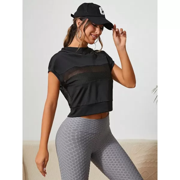 SweatyRocks Women's Fishnet Mesh Short Sleeve Hoodie Casual Solid Sports Workout Sweatshirts Pullover Tops