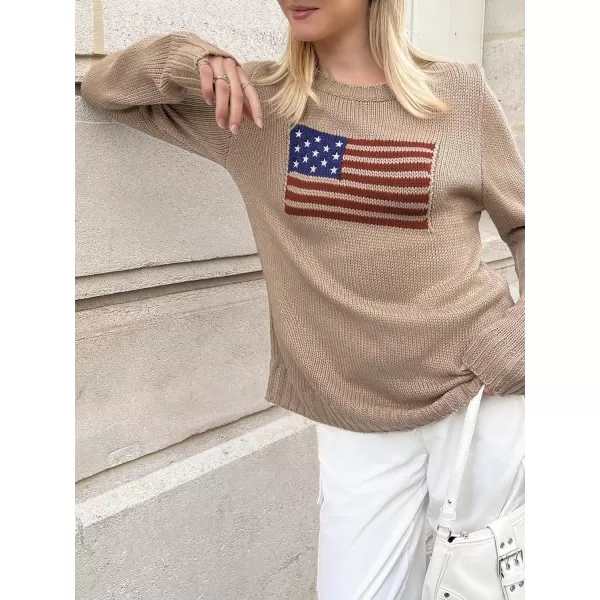 SweatyRocks Women's Flag Pattern Long Sleeve Round Neck Sweater Casual Loose Pullover Sweater