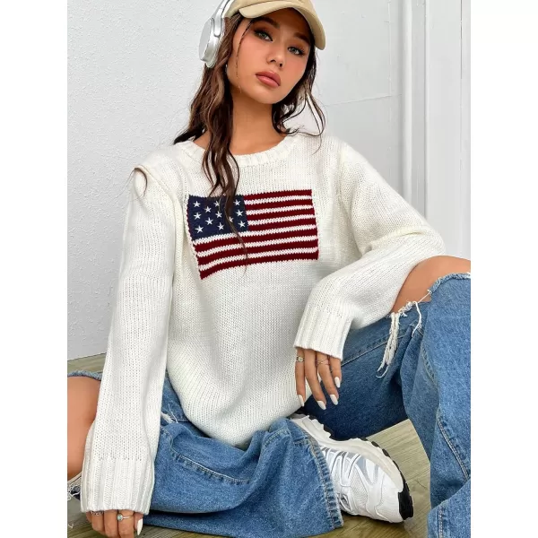 SweatyRocks Women's Flag Pattern Long Sleeve Round Neck Sweater Casual Loose Pullover Sweater