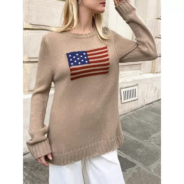 SweatyRocks Women's Flag Pattern Long Sleeve Round Neck Sweater Casual Loose Pullover Sweater