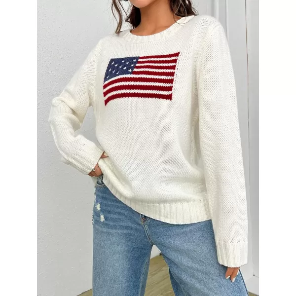 SweatyRocks Women's Flag Pattern Long Sleeve Round Neck Sweater Casual Loose Pullover Sweater