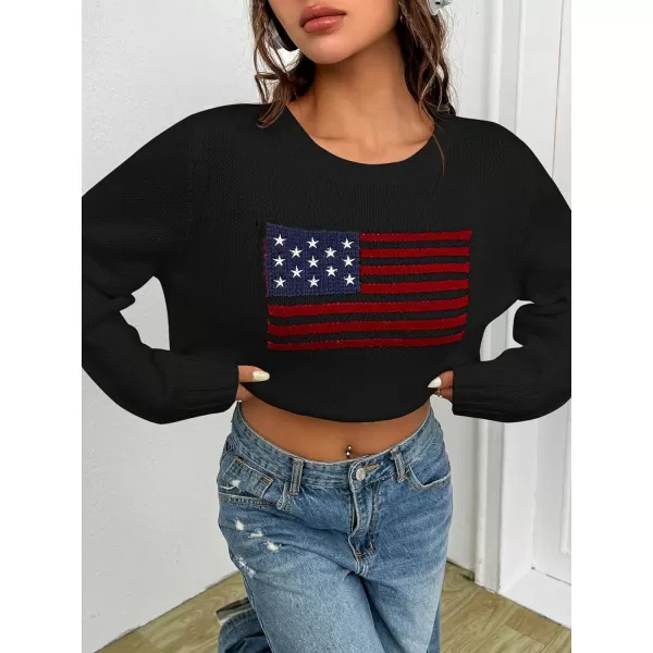SweatyRocks Women's Flag Pattern Long Sleeve Round Neck Sweater Casual Loose Pullover Sweater
